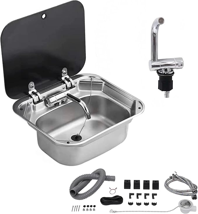 15x17 In Undermount RV Bar Kitchen Sink Workstation with Folding Faucet A and lid, 304 Stainless Steel Single Bowl Hand Wash Basin Drop in Sink Caravan Camper Van Boat Home Mobile Trailer
