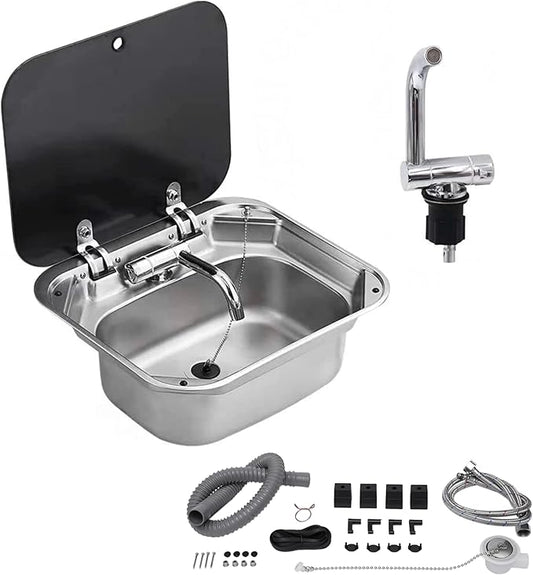 15x17 In Undermount RV Bar Kitchen Sink Workstation with Folding Faucet A and lid, 304 Stainless Steel Single Bowl Hand Wash Basin Drop in Sink Caravan Camper Van Boat Home Mobile Trailer