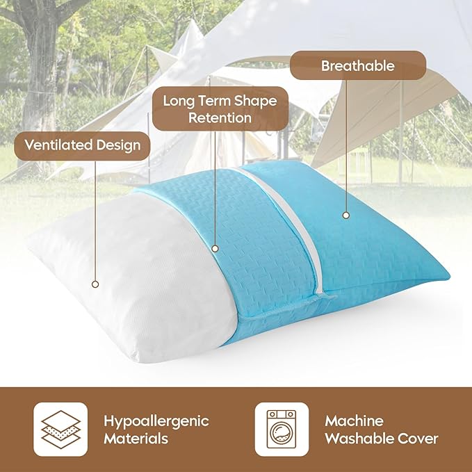 Small Shredded Memory Foam Pillow, Camping Pillow Travel Pillow - Compressible Medium Firm, Breathable Cover, Ideal Backpacking Hiking, Airplane and Car (Sky Blue, L)