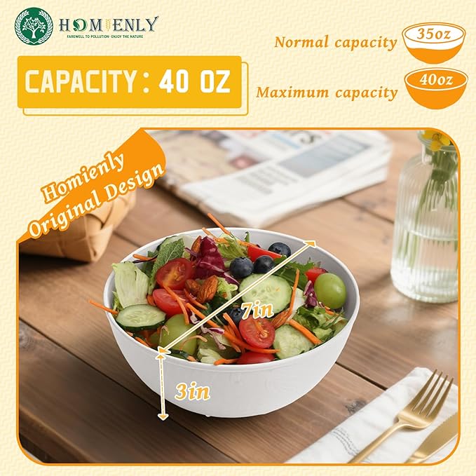 Homienly Wheat Straw Bowls with Unique Texture Design, 40 OZ Salad Bowls for Kitchen, Camping, Unbreakable Microwave and Dishwaher Safe Bowl Set, Stackable Cereal Bowl for Serving, Ramen-White