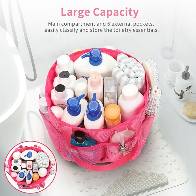 Mesh Shower Caddy Portable for College Dorm Room Essentials, Shower Tote Bag with Hanging Hook and Drawstring, Quick Dry Toiletry Bag with 6 Pockets for Bathroom, Swimming, Gym, Camping, Beach, Travel