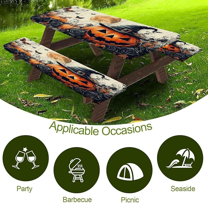 CAPSCEOLL Elastic Picnic Table Cover with Bench Covers 5Ft Waterproof Fitted Picnic Table Cover Cloths for Outdoors Camping Tablecloth with Drawstring Bag, 60X30in, Halloween Pumpkins