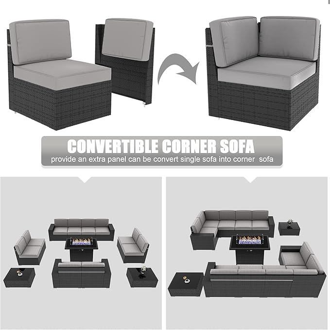 LayinSun 13 Pieces Outdoor Patio Furniture Set with 44" Fire Pit Table Rattan Sectional Sofa Conversation Sets
