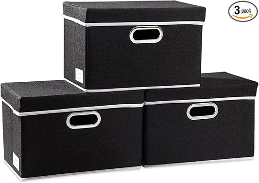 PRANDOM Foldable Storage Box with Lid [3-Pack] Fabric Collapsible Storage Bin Organizer Container Basket Cube with Cover for Home Bedroom Closet Office Nursery Black (14.9x9.8x9.8)