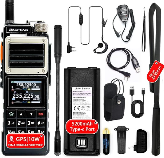 BAOFENG UV-25 PRO 10W Heavy Duty Radio Handheld Tri Band Baofeng Waterproof Radio Tri Band Ham Radios 999CH 5200MAh BatteryType-C Charging UHF VHF MW FM Air NOAA Multi-Band Receiver (Black)