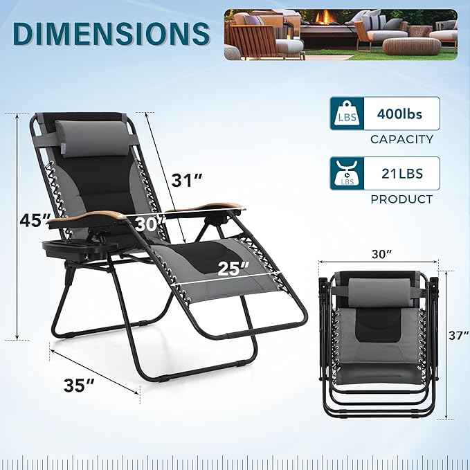 MFSTUDIO Zero Gravity Chairs, Oversized Patio Recliner Chair, Padded Folding Lawn Chair with Cup Holder Tray, Support 400lbs, Grey
