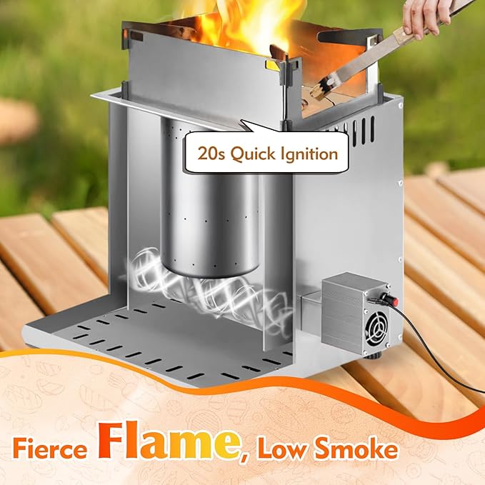 Portable Wood Camping Stove with Turbo Fan – 20-Second Quick Ignition, Adjustable Flame for Outdoor Cooking & BBQ, Burns Wood, Nut Shells, Dry Grass, Leaves & Biomass