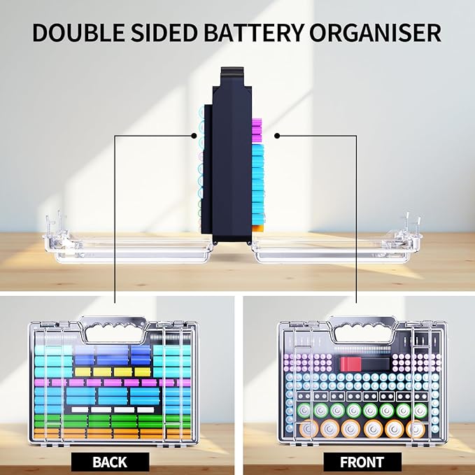Battery Organizer Storage Holder Box Case with Tester, Stores & Protects Up to 260 Batteries, Double-Clear Locking Lid, Holds AA AAA C D and More (Not Includes Battery Pack) - Black