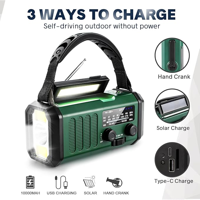 10000mAh Hand Crank Emergency Radio, NOAA Weather Radio with AM/FM & solar Radio, Rechargeable Battery, Flashlight & Reading Light, SOS Alarm, Compass Cell Phone Charger for Indoor Outdoor Emergencies