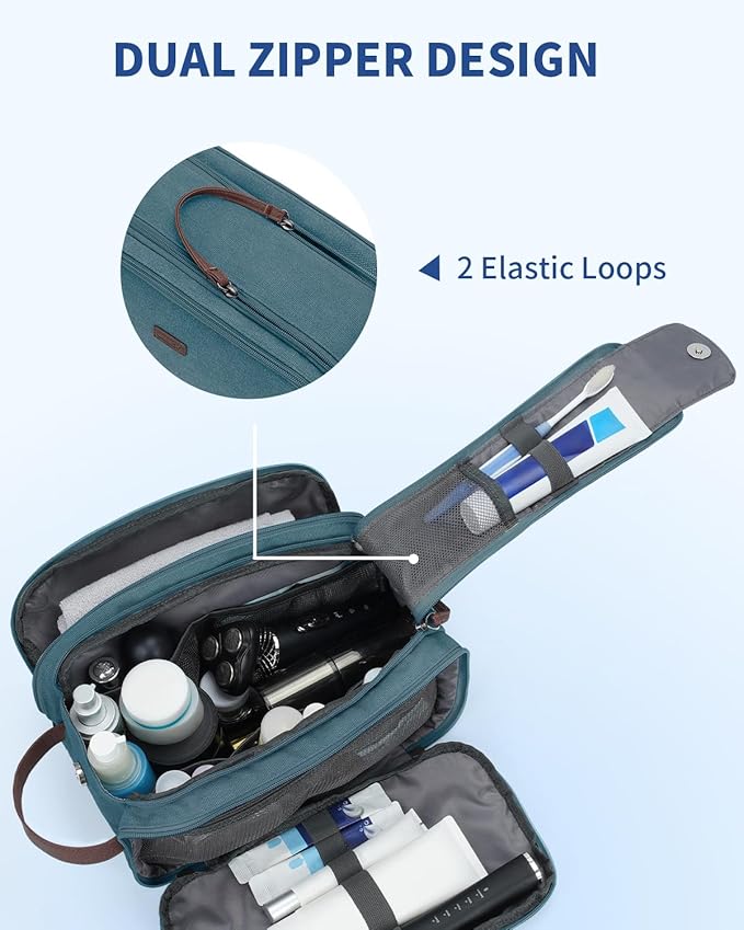 WANDF Toiletry Bag for Men Travel Toiletry Organizer Canvas and Leather Dopp Kit Water-Resistant Shaving Bag for Travel Accessories (Blue-Green, Large)