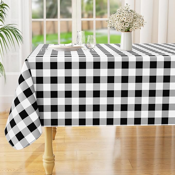 misaya Rectangle Waterproof Vinyl Table Cloth, Buffalo Flannel Backed Tablecloth, Wipeable Plastic Table Cover for Dinner, Kitchen, Outdoor (54" x 108", Black and White)