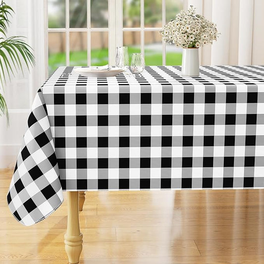 misaya Rectangle Waterproof Vinyl Table Cloth, Buffalo Flannel Backed Tablecloth, Wipeable Plastic Table Cover for Dinner, Kitchen, Outdoor (60" x 144", Black and White)