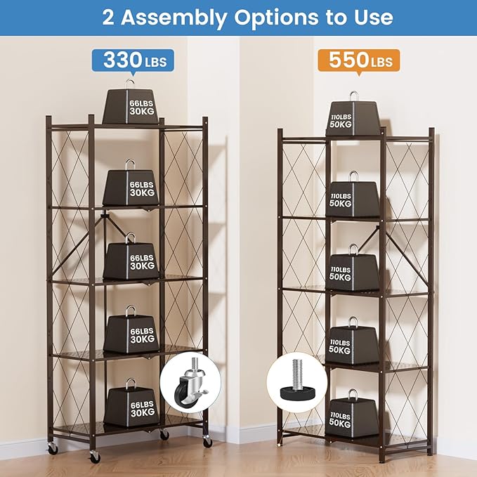 ALANNG 70.7" H Metal Storage Shelves, 5 Tier Folding Shelf on Wheels, Heavy Duty, No Assembly, Rolling, Collapsible Rack Unit for Kitchen, Basement, Pantry (Vintage Brown,2 Pack)