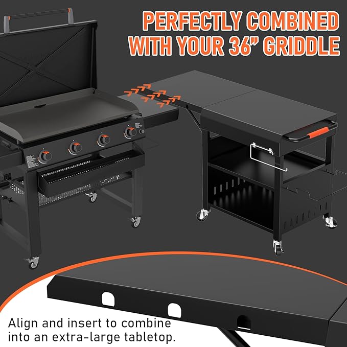 Outdoor Grill Table Cart for Blackstone 28"/36" Omnivore Griddle, 50" x 22“ Large Prep Station Grill Stand with Foldable Side Table for Blackstone 17”/22” Griddle, Ninja Woodfire, Ooni Pizza Oven