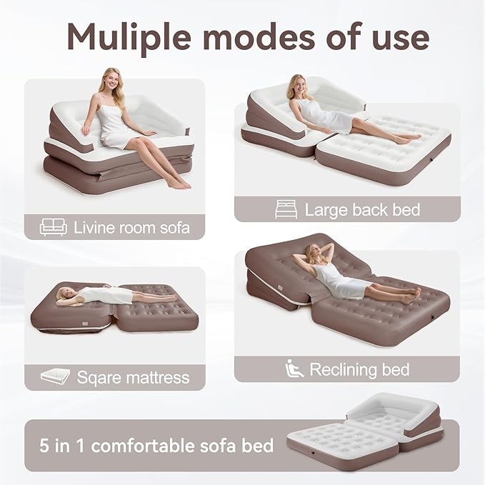 Full Size Air Mattress for Inflatable Portable Blow Up Mattress Sofa Bed with Flocked top-Double Air Couch for Tent Camping(Dark Brown)