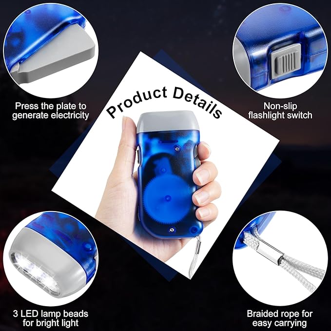 Treela 36 Pcs Hand Crank Flashlights Operation Christmas Items Bulk Squeeze Flashlight No Battery Required Torchlight 3 Powered Charging for Emergency(Blue)