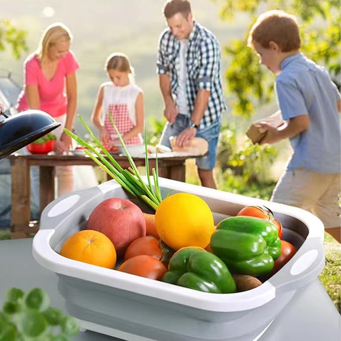 Camping Collapsible Cutting Board Dish Basin BBQ Prep Tub Camp Sink Dish Washing Station Multifunctional Storage Basket(Grey green)