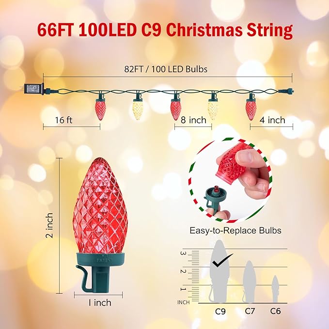 C9 LED Christmas String Lights - 82ft 100 LED Outdoor String Lights with Timer and 8 Lighting Modes, Plug in Extendable Roofline Lights String for Outside Yard Porch Christmas Holiday Decoration