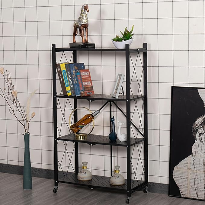 Life Hacks 2pcs 4-Tier Foldable Shelves for Storage, No Assembly Required, Folding Shelf Unit Pantry Shelves with Wheels, Metal Shelving Storage Rack Shelf for Kitchen Garage Home