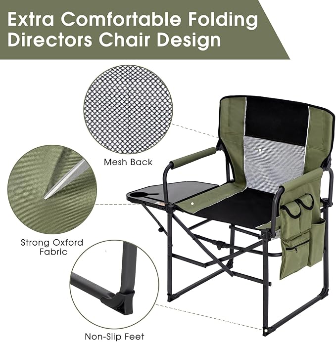 Wide Folding Director Chair with Table, Outdoor Camping Chair for Adults with Cup Holder Load 330 Lbs, Portable Lightweight Chair for Outside with Carry Bag for Patio, Green-2Pack
