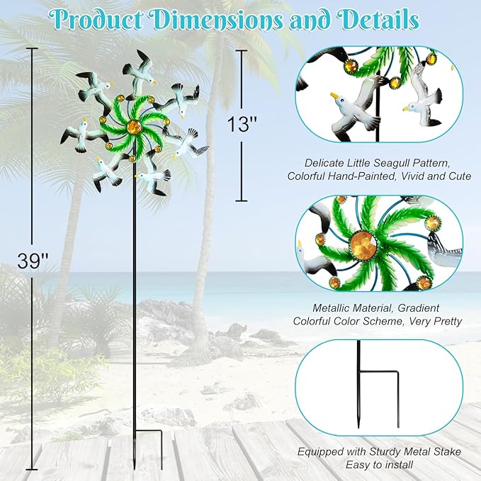 Seagull Wind Spinners - 39" Ocean-Themed Metal Wind Sculptures Garden Stake Art, 13.5” Windmill Yard Kinetic, Outdoor Decor for Patio & Lawn - Metal Beach Sculpture with Seagull Design