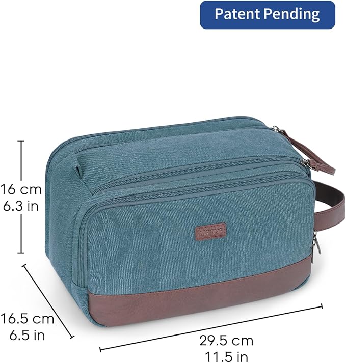 WANDF Toiletry Bag for Men Travel Toiletry Organizer Canvas and Leather Dopp Kit Water-Resistant Shaving Bag for Travel Accessories (Blue-Green, Large)
