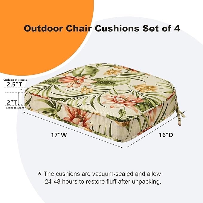 Round Corner Seat Cushions, 17" x 16" x 2", Set of 4, Indoor Outdoor Water Repellent Universal Chair Pads with Ties for Patio Furniture, Garden Deck Dining Chairs, Leaf and Flower