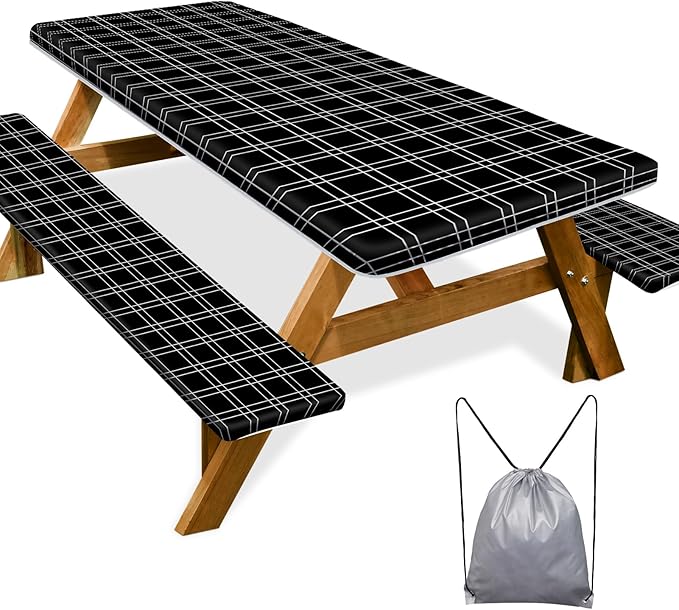 Picnic Table Cover with Bench Covers Camping Essentials Waterproof Windproof Camping Tablecloth with Drawstring Bag, Fitted Rectangle Tables and Seats, 72in, Black Checkered