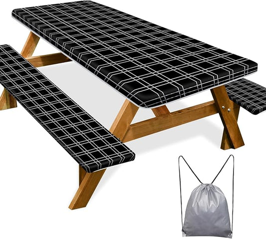 Picnic Table Cover with Bench Covers Camping Essentials Waterproof Windproof Camping Tablecloth with Drawstring Bag, Fitted Rectangle Tables and Seats, 72in, Black Checkered