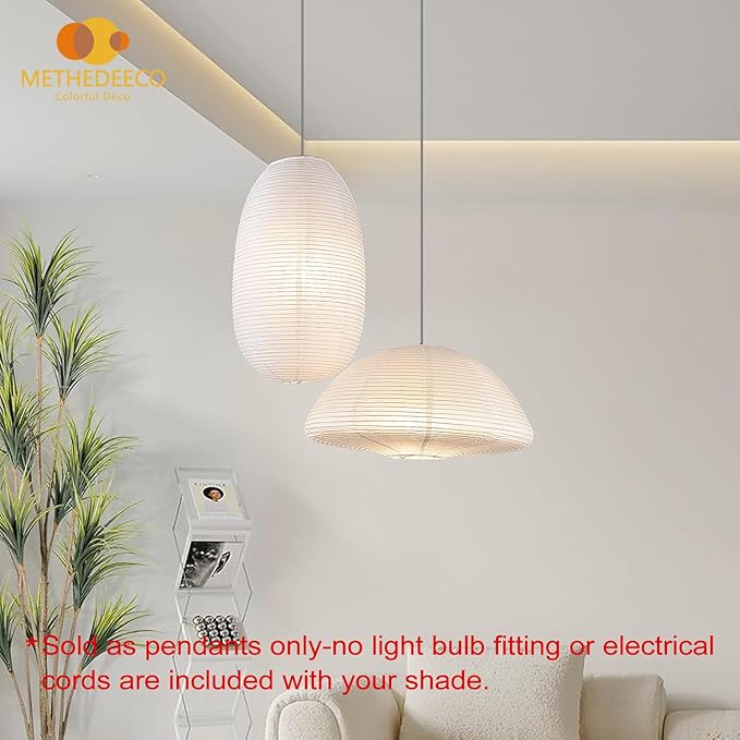White Paper Lanterns 19+21inch 2PCS Large Rice Paper Lamp Shade Hanging Semicircular and Elliptical Pendant Light Shade Chinese Lantern for indoor bedroom,living room.gift for her