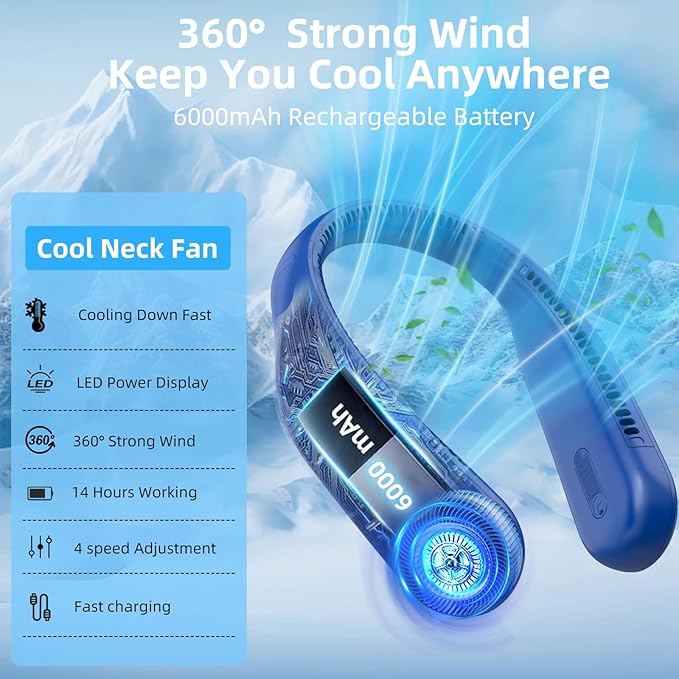 Portable Neck Fan,Gift Ideas,Personal Wearable Bladeless Fan,360° Cooling,LED Display,4-Speeds,6000mAh Rechargeable,Powerful Wind,Outdoor Travel Camping,Birthday Gifts for Men Women Dad Mom (Navy)