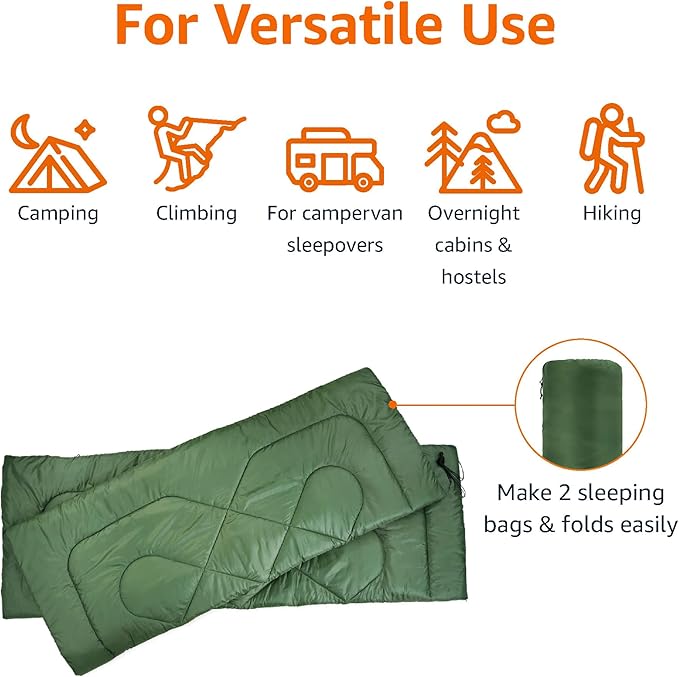 Amazon Basics 40°F Cool Weather Two-Person Sleeping Bag, 87 Inches x 59 Inches, Olive Green
