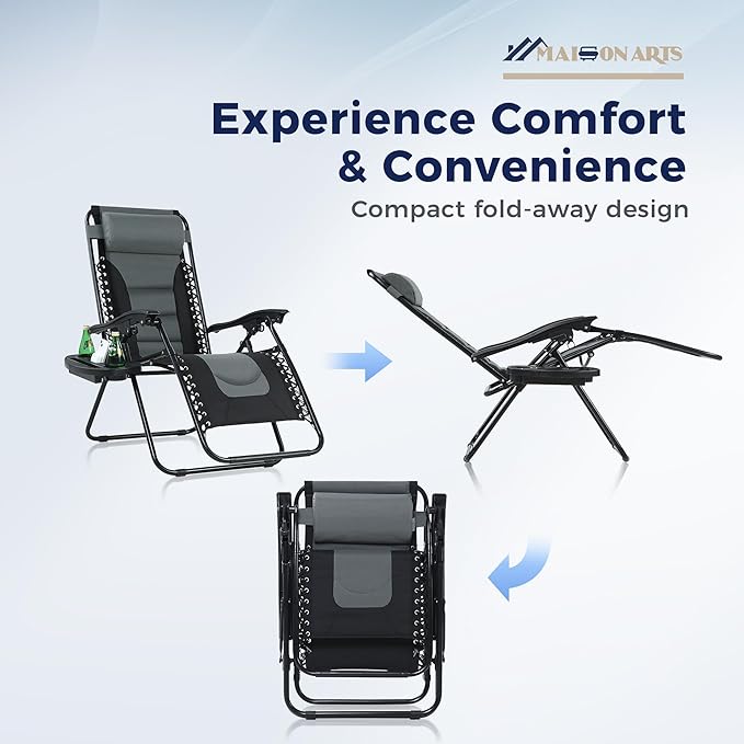 MAISON ARTS Padded Zero Gravity Lawn Chairs Set of 2 Foldable Recliner Anti Gravity Lounge Chairs w/Pillow & Cup Holder Outdoor Camp Chairs for Poolside Backyard Beach Support 350LBS Grey