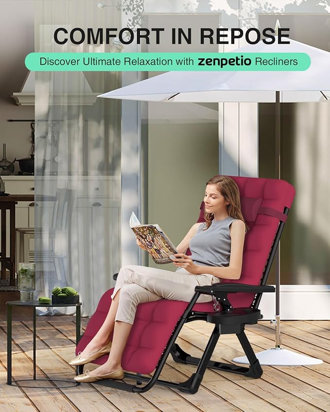 ZENPETIO Zero Gravity Lounge Chair, Foldable Outdoor Recliner with Detachable Cushion, Portable Anti Gravity Lounger for Camping, Patio, Poolside, Lawn - Burgundy