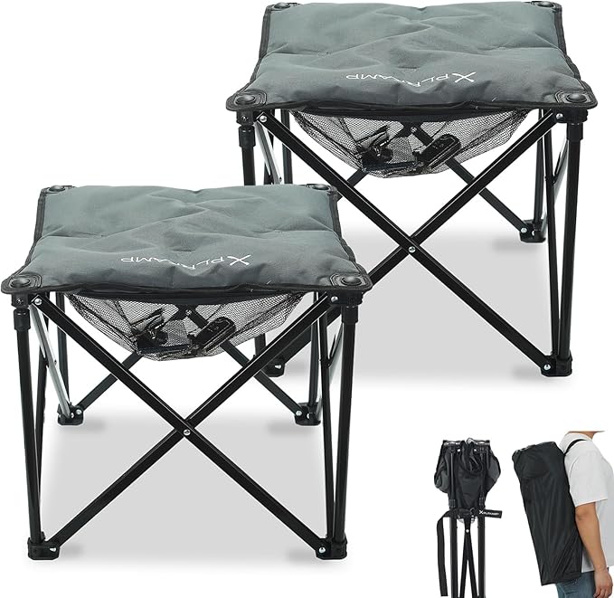Padded Camping Stool, 18 Inch Oversized Camping Foot Rest, 500lb Camping Chairs Outdoor Footstool Portable Camping Ottoman for Camping Gardening Fishing w/Storage Net Carry Bag(2, DarkGreen)