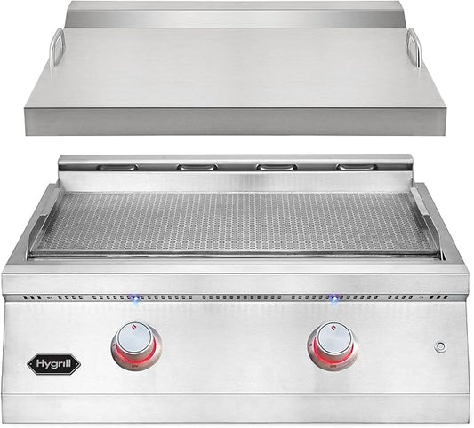 Hygrill 30-Inch Premium Built-In Natural Gas Griddle for Outdoor Kitchen, Durable 304 Stainless Steel 2-Burner Flat Top Grill with Lid and LED lights