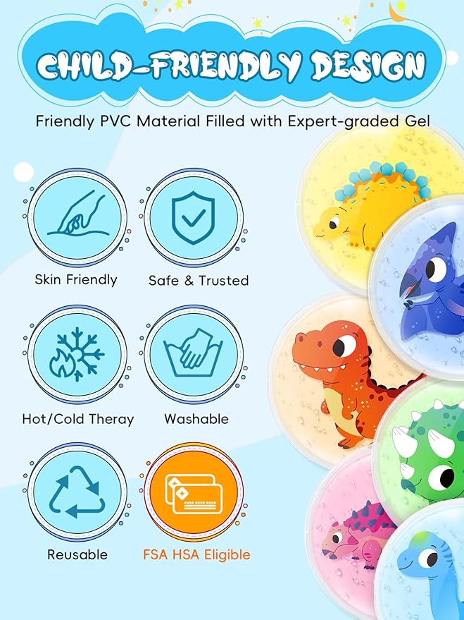 Kids Ice Packs for Boo Boos, 6 Pcs, Baby Small Gel Ice Packs for Injuries Reusable, Mini Hot Cold Compress for Body Pain Relief, Toothache, Fever, Mosquito Bite, Get Well Gift for Girl Boy (Dinosaur)