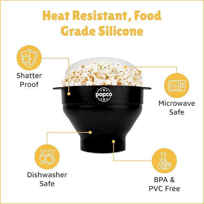 Popco Silicone Popcorn Maker - Microwave Popcorn Popper with Handles - Collapsible Bowl, Heat-Resistant, Easy to Clean, Ideal for Family Movie Nights, 15-Cup Capacity - Black