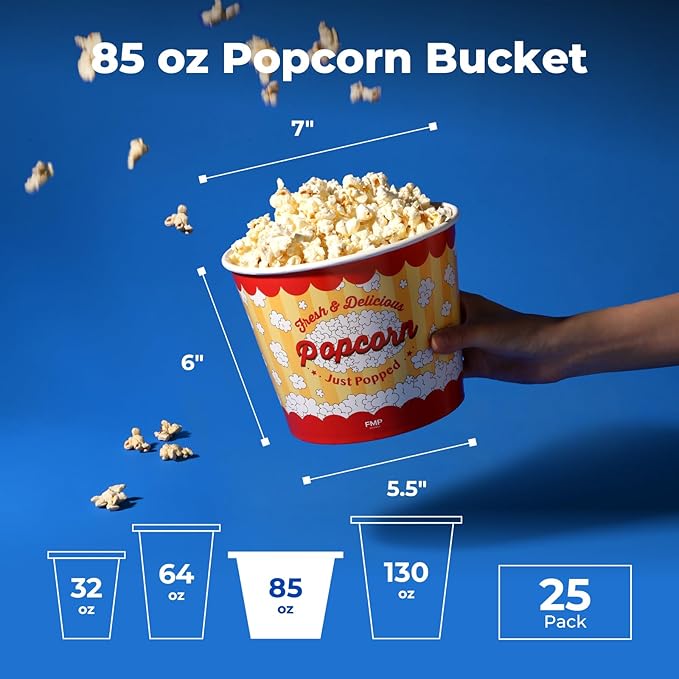 Fit Meal Prep 25 Pack Classic Paper Popcorn Buckets Disposable, 85 Oz Grease Resistant Popcorn Bowls Cups for Machine Home Theater Carnival Movie Night