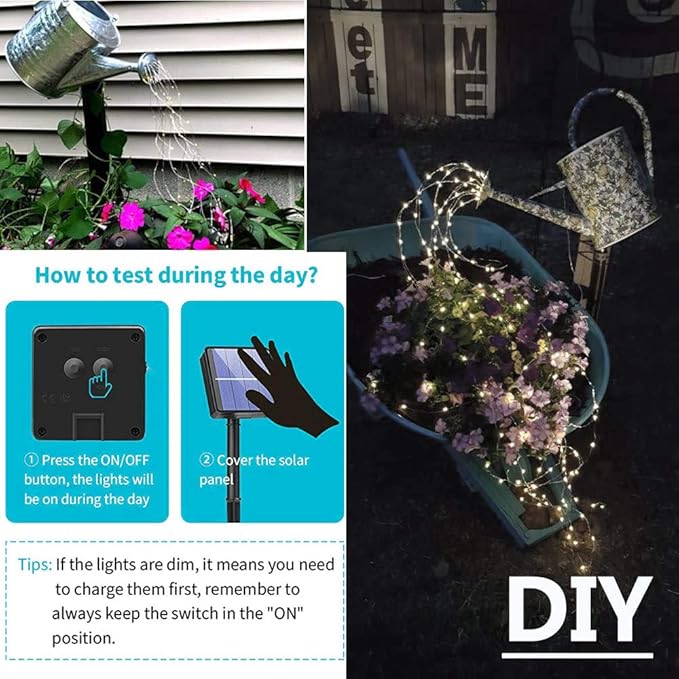Solar Fairy Lights Outdoor White, Multi Strand 180 LEDs Watering Can String Light, Waterproof Solar Powered Waterfall Lights, Cool White Firefly Bunch Lights