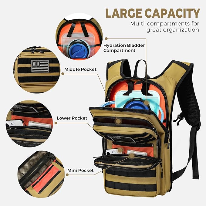 Tactical Hydration Backpack with 2L Water Bladder and Front Small Tactical Pouch, Outdoor Water Backpack for Men Women, Sports Hydration Pack for Hiking, Cycling, Climbing