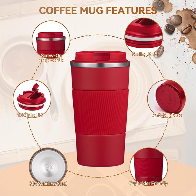 17OZ Travel Coffee Mug Insulated Coffee Cup with Spill Leak Proof Lid, Portable Stainless Steel Tumbler Reusable Hot and Cold Water Mug for Car, Daily, Camping- Red