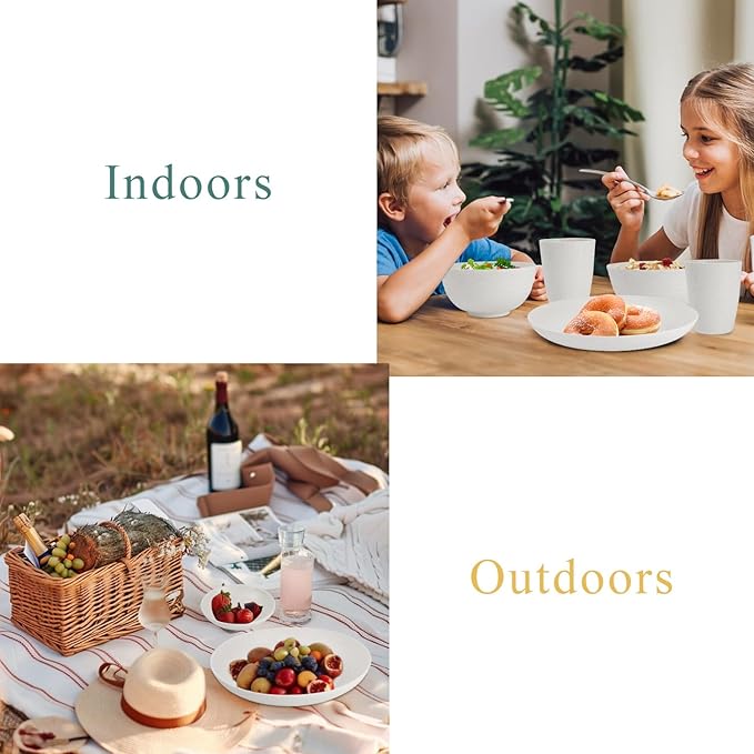 Wheat straw bowl and plate sets of 16 with cups - Unbreakable plastic dinnerware sets for kitchen - Microwave and Dishwasher safe dishes for kitchen,camping,indoors and out doors. White