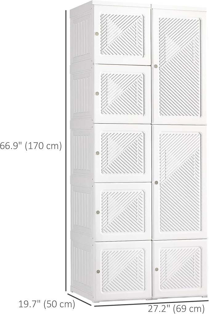 HOMCOM Portable Wardrobe Closet, Folding Clothes Storage Organizer with 6 Cube Compartments, Hanging Rod, 8 Magnet Doors, White