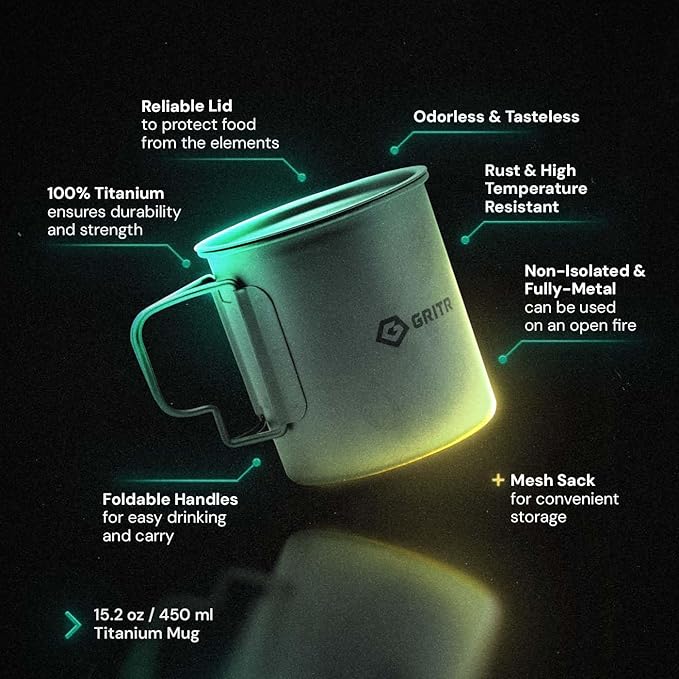 GRITR Titanium Mug, 15.2 fl oz / 25.4 fl oz | Camping, Backpacking, Picnic, Hiking, Travel, Outdoor Cooking Gear w/Lid & Folding Handles | Ultralight Multi-Purpose Metal Cup for Water, Coffee, Tea