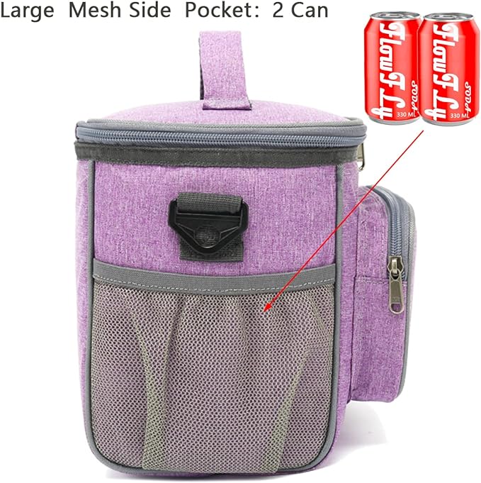 FlowFly Insulated Reusable Lunch Bag Adult Large Lunch Box for Women and Men with Adjustable Shoulder Strap,Front Zipper Pocket and Dual Large Mesh Side Pockets,Purple