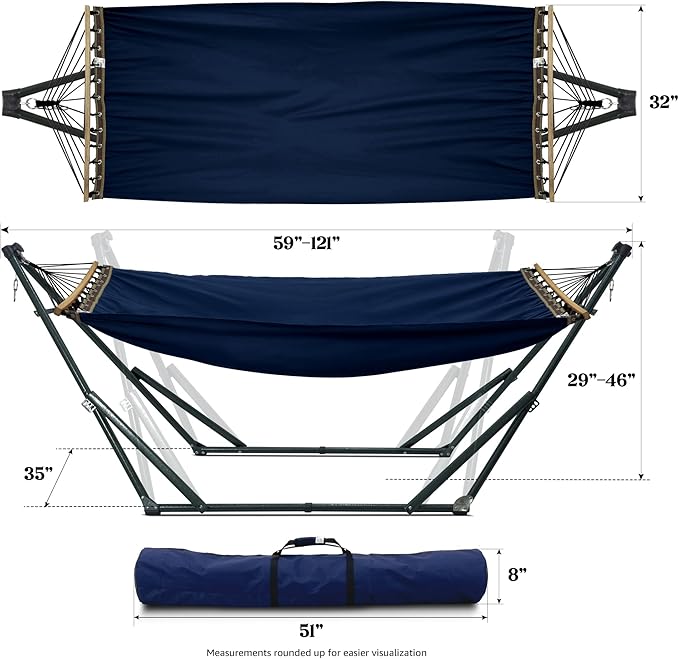 Tranquillo Ultimate Relaxation Portable Hammock Stand with Cotton Canvas, Spreader Bar, Quick Fold Unfold in 30 Seconds Steel Frame Hammock 600 lbs Capacity, Hammock Stand Outdoor, Hammock Set, Navy