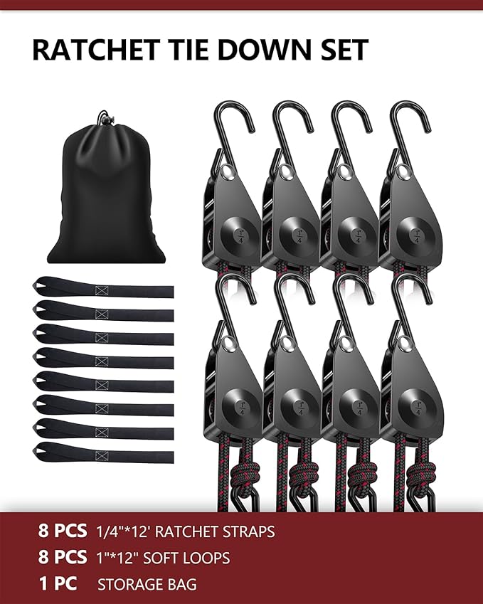VIPARSPECTRA Ratchet Tie Down Straps, 1/4" Adjustable Rope Hangers [8 Pack, 12FT, 150 lbs/Pack], Heavy Duty Kayak Pulley System with Hooks for Garage Cargo Trucks Tents Grow Lights Various Lashing