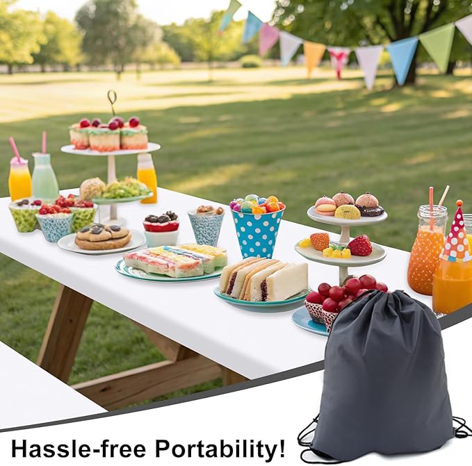 Smiry Picnic Table Cover with Bench Covers, Waterproof Elastic Fitted Polyester Tablecloths for 6 Ft Rectangle Tables, Washable Windproof Tablecloth for Camping, RV & Outdoor (White, 30x72 Inches)