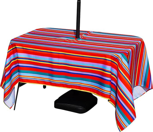 Poise3EHome 60X84 Outdoor/Indoor Waterproof Spillproof Rectangle Tablecloth with Umbrella Hole Zipper for Camping, Picnic, Party, Patio Table, Spring, Color Stripe